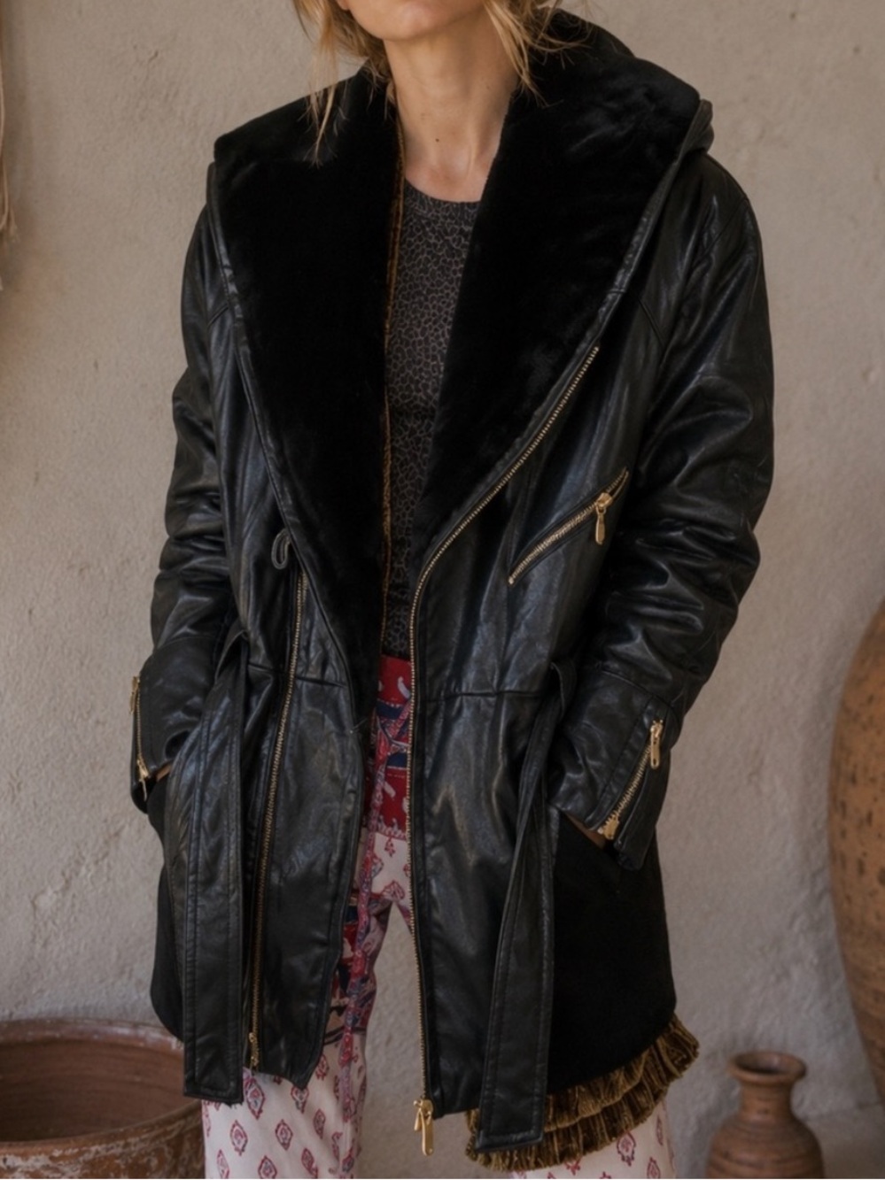 Vintage 80’s Women’s MS Maxima Black Genuine Leather Belted Faux Fur Trim Coat